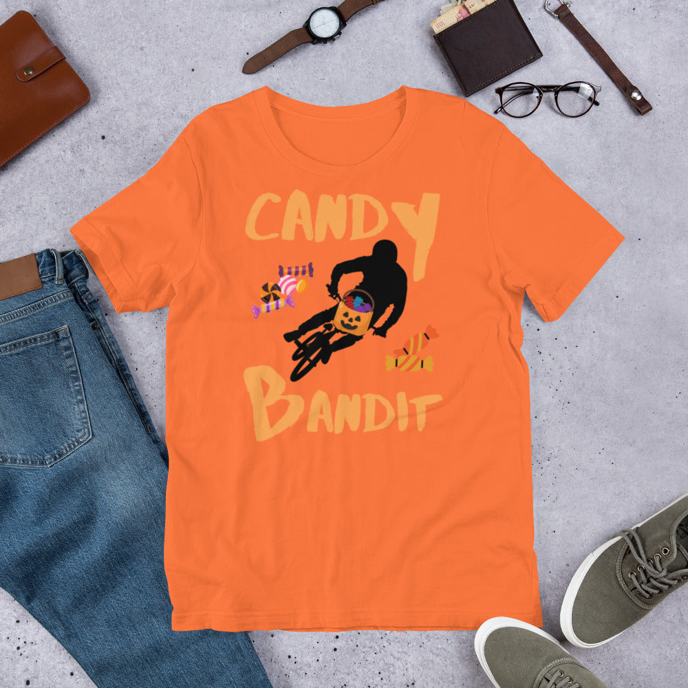Candy Bandit Halloween graphic tee — Halloween trick or treat design on orange — Stitch and Sigil