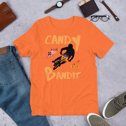 Candy Bandit Halloween graphic tee — Halloween trick or treat design on orange — Stitch and Sigil