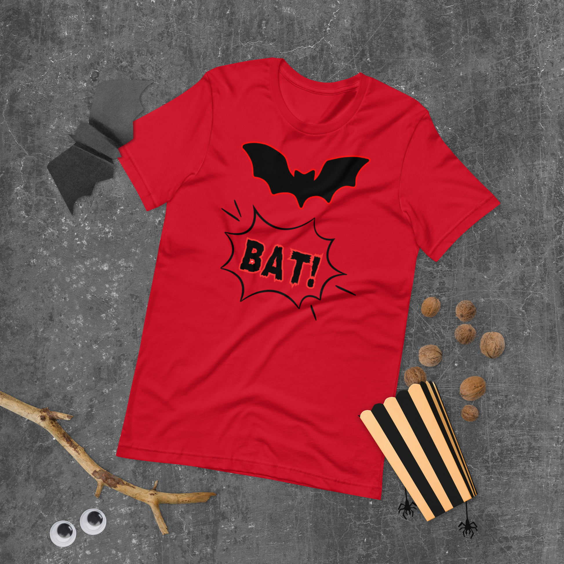 Bat! Halloween graphic tee — pop art bat design on red — Stitch and Sigil