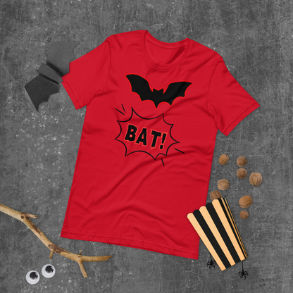 Bat! Halloween graphic tee — pop art bat design on red — Stitch and Sigil