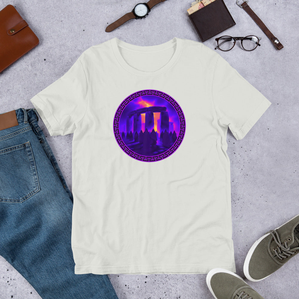 Vision of Stonehenge mythology graphic tee — Stonehenge legend design on silver — Stitch and Sigil