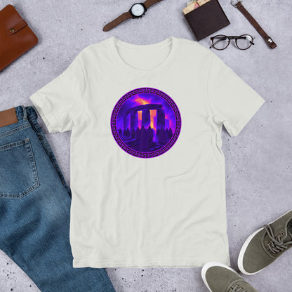 Vision of Stonehenge mythology graphic tee — Stonehenge legend design on silver — Stitch and Sigil