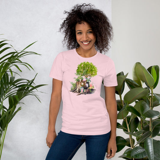 Secret Stump faery graphic tee — enchanted stump cottage design on soft pink — Stitch and Sigil