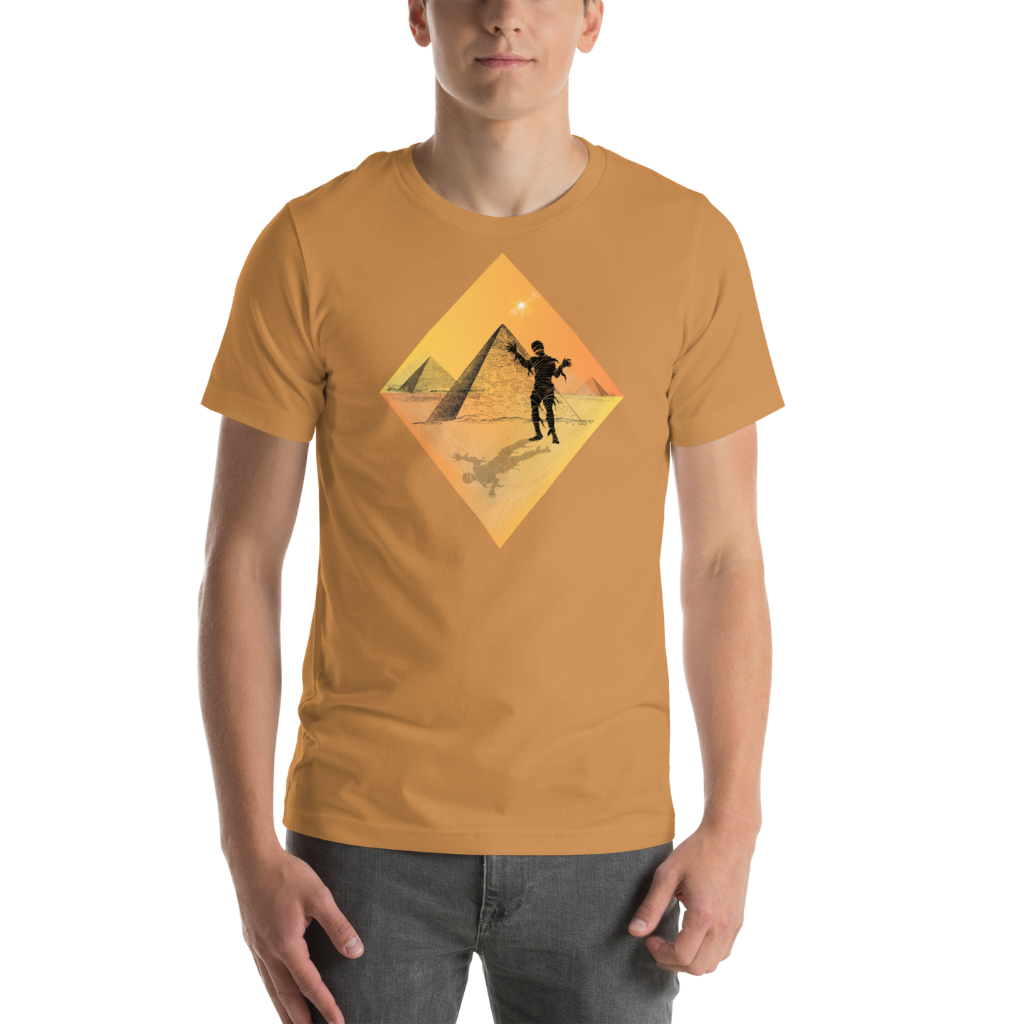 The Mummy In the Shadow of the Pyramids horror graphic tee — mummy design on toast — Stitch and Sigil