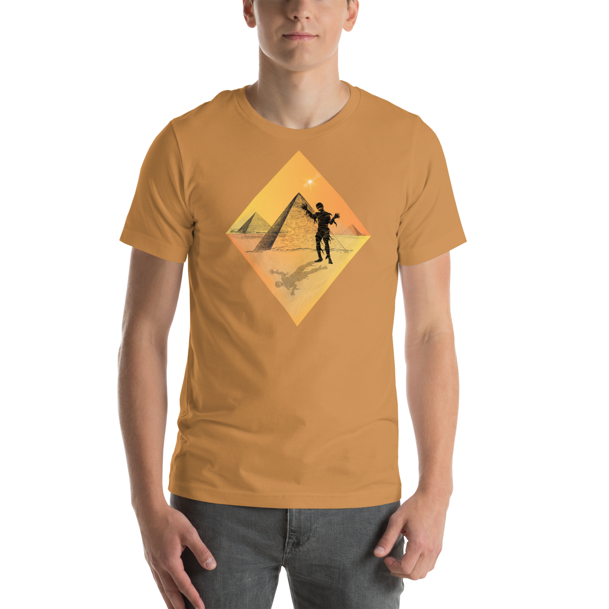 The Mummy In the Shadow of the Pyramids horror graphic tee — mummy design on toast — Stitch and Sigil