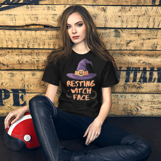 Resting Witch Face Halloween graphic tee — witch hat and orange text design on vintage black — Stitch and Sigil