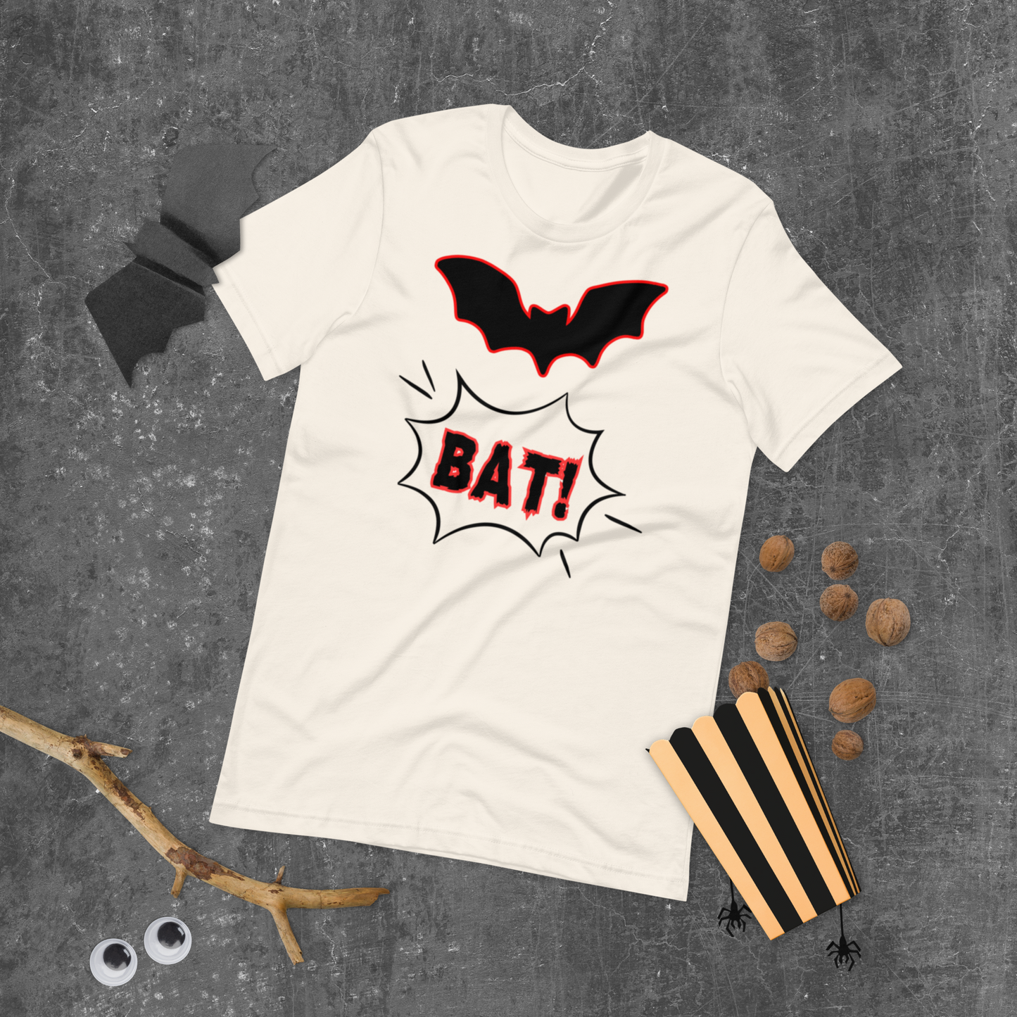 Bat! Halloween graphic tee — comic book bat design on vintage white — Stitch and Sigil
