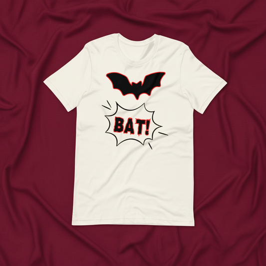 Bat! Halloween graphic tee — comic book bat design on vintage white — Stitch and Sigil
