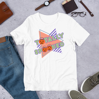 Totally Spooked Halloween graphic tee — retro geometric Halloween design on white — Stitch and Sigil