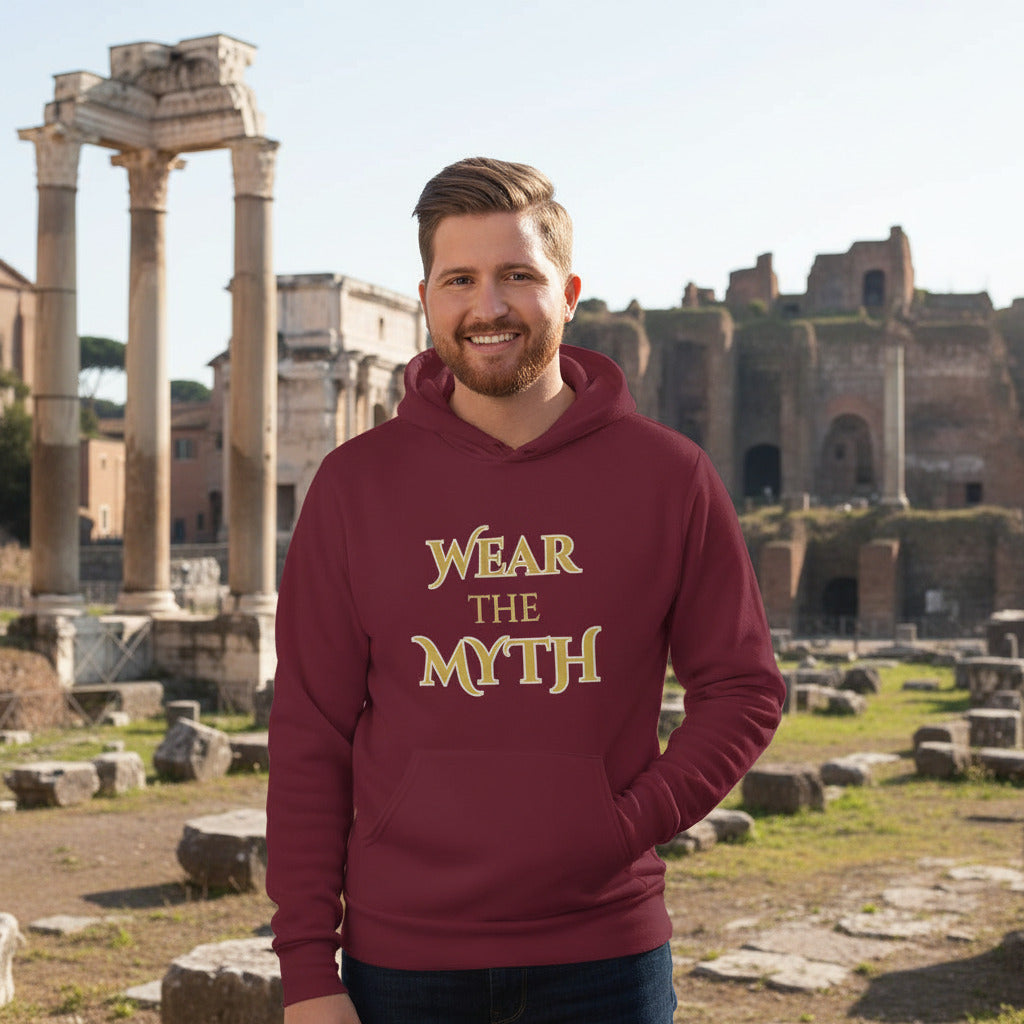man wearing wear the myth hoodie