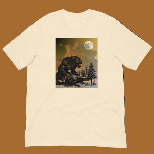 A cream-colored short-sleeve crewneck t-shirt featuring a square graphic print on the chest of a dark werewolf baring fangs under a full moon in a forest.