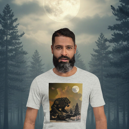 Man wearing werewolf shadow graphic tee in a forest setting