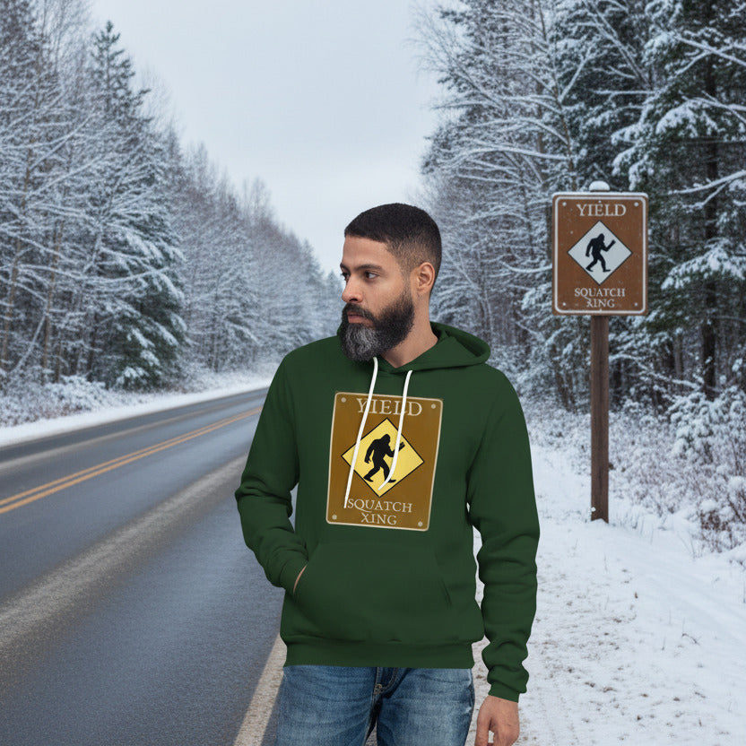 person wearing yield squatch xing hoodie